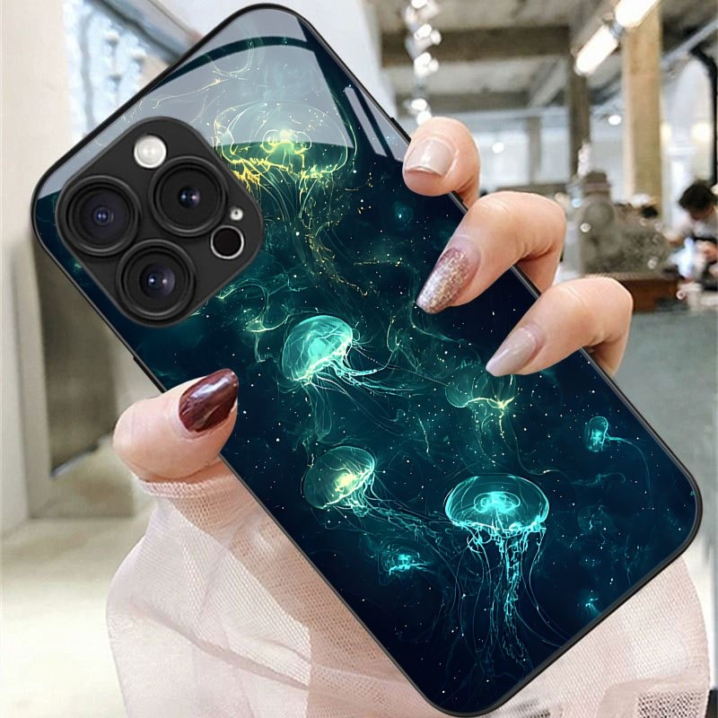 Phone Cases For Iphone 16 - Deep Sea Fluorescent Jellyfish Tempered Glass