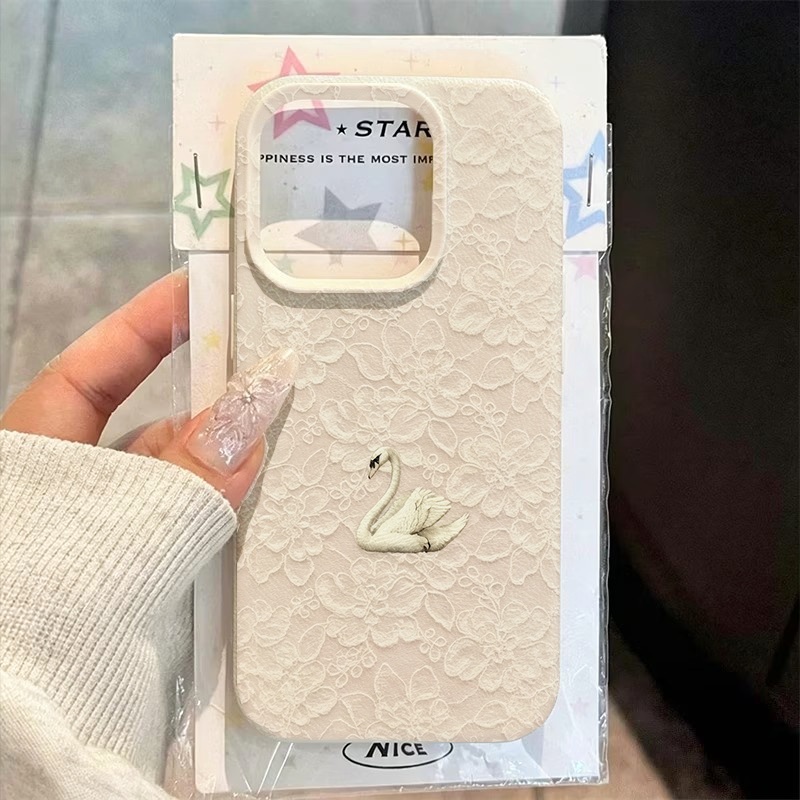 Phone Cases For Iphone 16 - Lace Swan Pattern Lychee Texture Phone